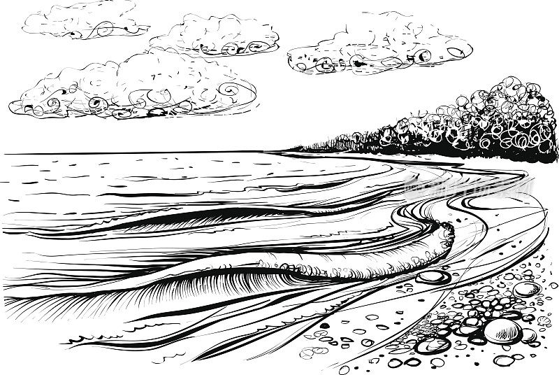 Sea beach with stormy waves and clouds. Black and white vector illustration.